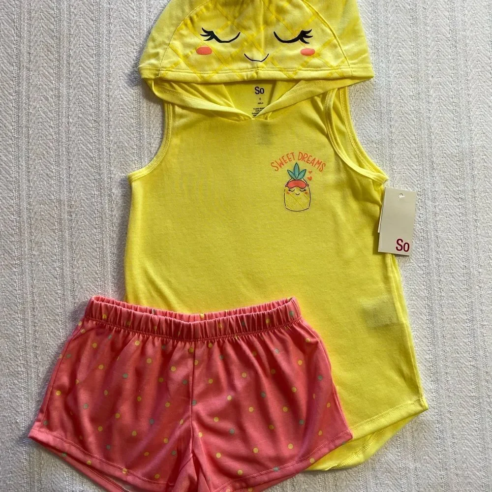 SO Girls Size 6 Pineapple Hooded Tank Too & Shorts Pajama Set